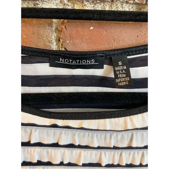 Notations Black & White Ruffle Striped Cap Sleeve T-shirt Blouse women’s Size S - Picture 2 of 9